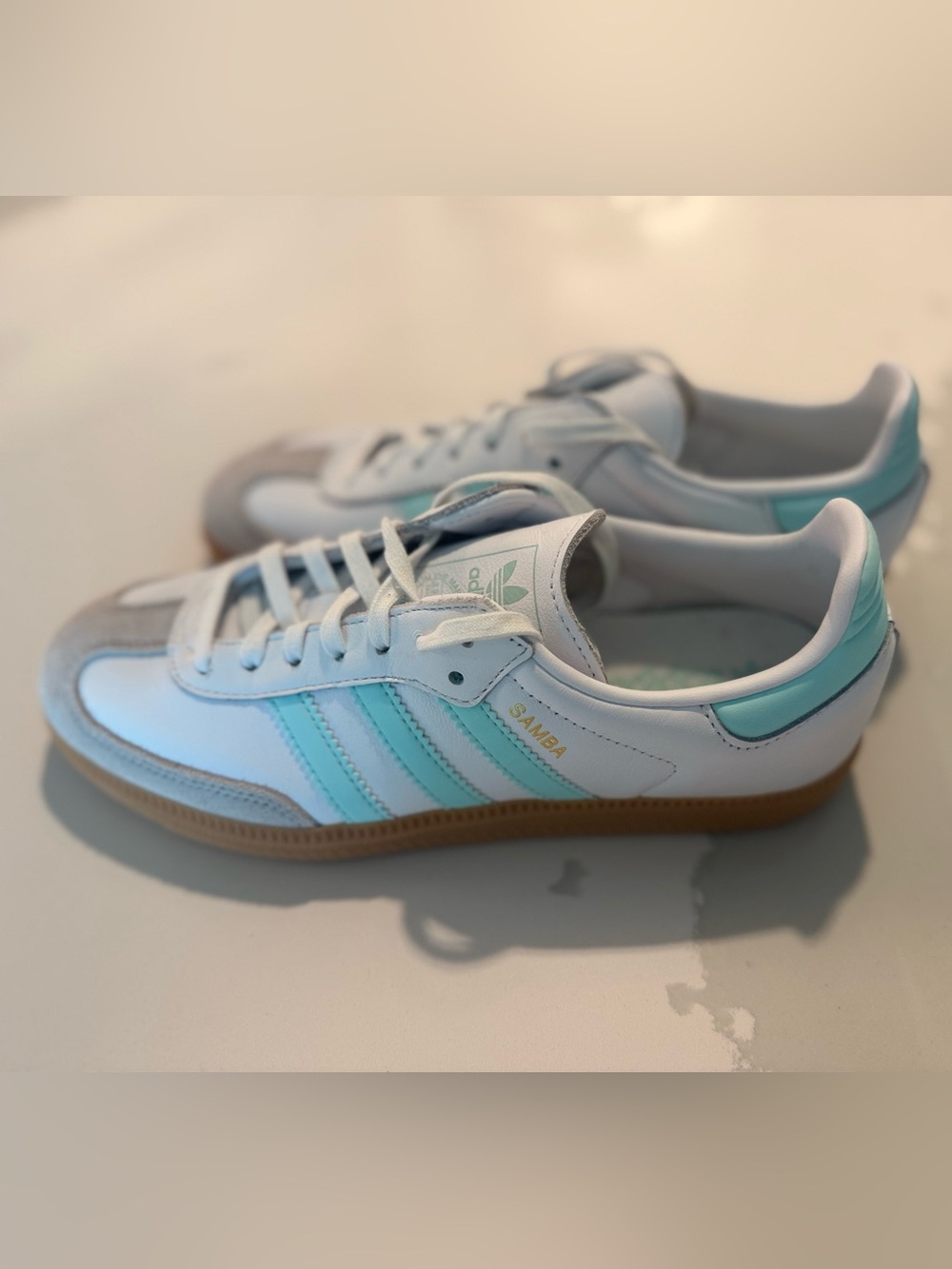 Adidas Sambas | White with Aqua/Light Teal Stripes